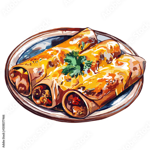 Watercolor Illustration of Cheesy Enchiladas with Salsa