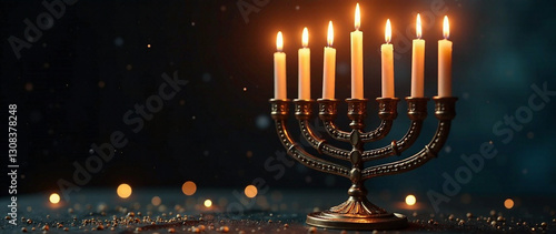 A detailed, highly detailed, and professionally rendered image of a Menorah with lit candles on a dark background.  Focus on the intricate design of the Menorah and the warm glow of the candles.  Emph