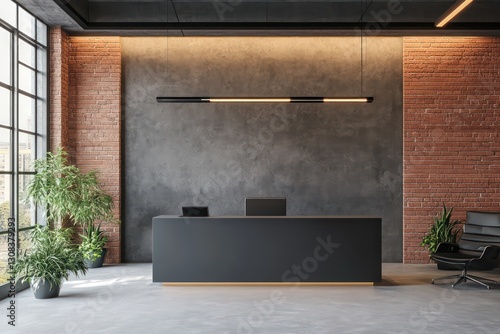 A 3D-rendered office interior with a modern gray reception desk against a textured concrete and brick wall backdrop.