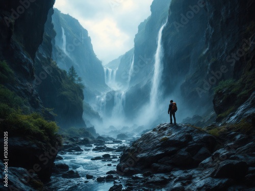 Majestic waterfall and explorer in a misty canyon landscape