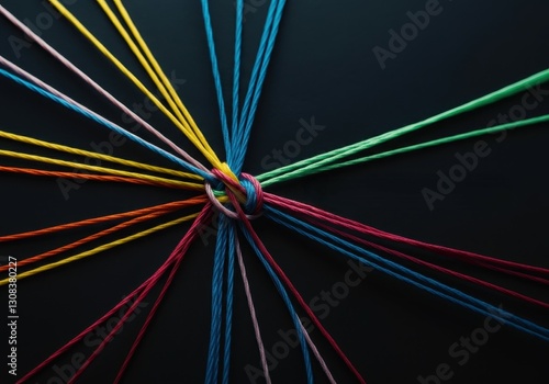 Vibrant, intertwined threads knotting together on shadowy surface, representing collaborative power, interconnectedness, and shared human potential through diversity