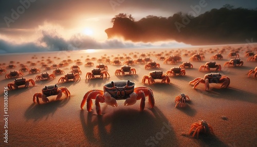 Surrounded by a group of sand crabs scuttling sideways photo