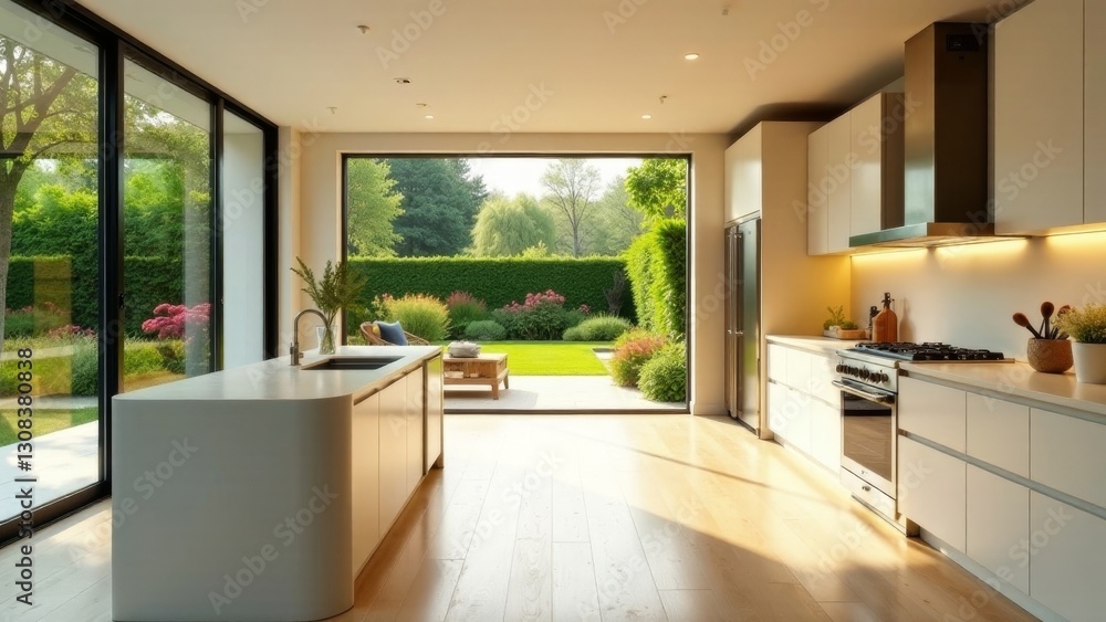 Fototapeta premium Modern kitchen design with expansive garden view through floor-to-ceiling windows