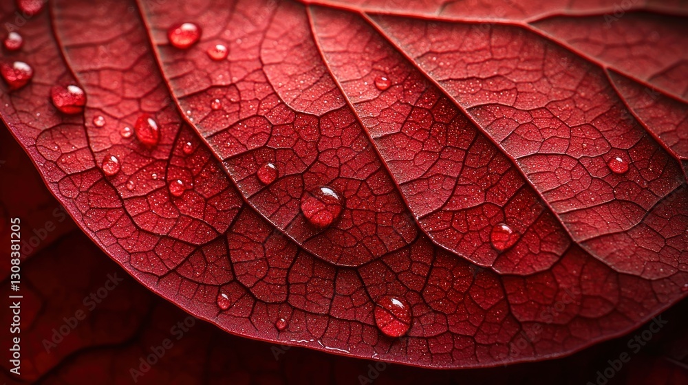 Fototapeta premium Water droplets on vibrant red leaf surface, macro close-up, detailed texture