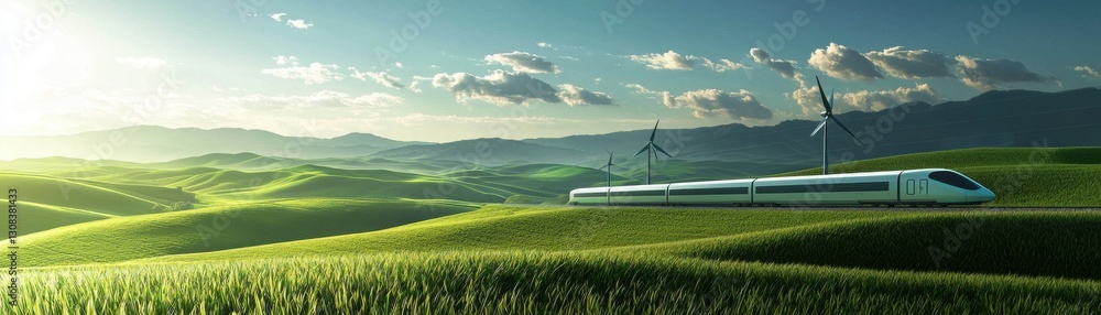 Fototapeta premium A sleek train travels through lush green hills under a bright sky, symbolizing modern transportation amidst nature.