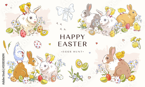 Happy easter hand drawn decoration set with easter eggs, cute easter bunny, chicken, hen, rooster and flowers isolated on white background. Vector elegant sketch illustration