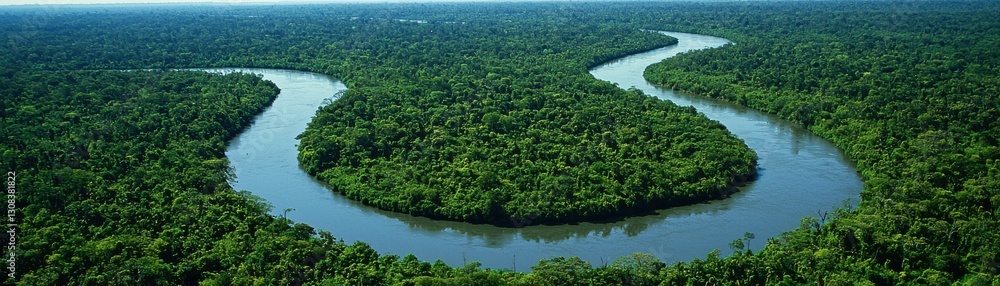 Fototapeta premium Aerial view of a winding river surrounded by lush greenery, showcasing the beauty of nature and the intricate patterns of waterways.