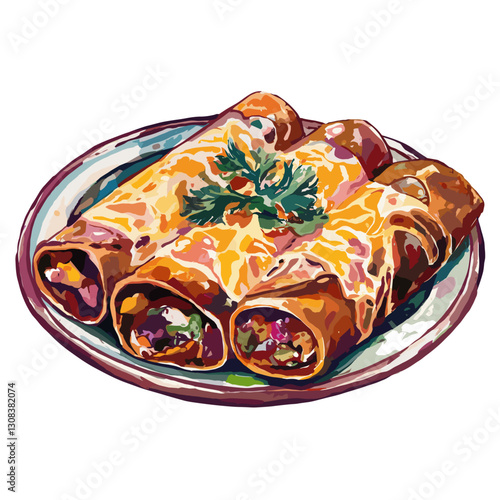 Watercolor Illustration of Cheesy Enchiladas with Salsa