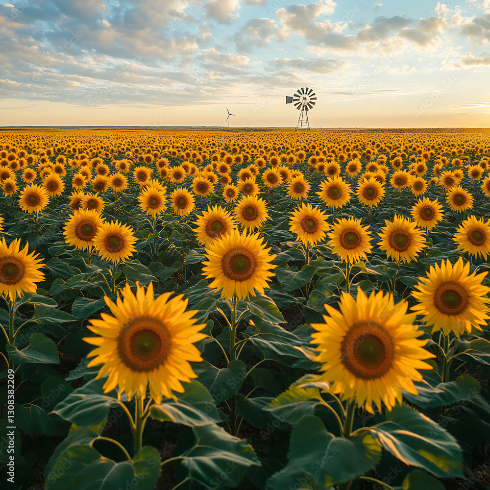 Fototapeta premium A vast sunflower field with a windmill in the distance under a bright sky