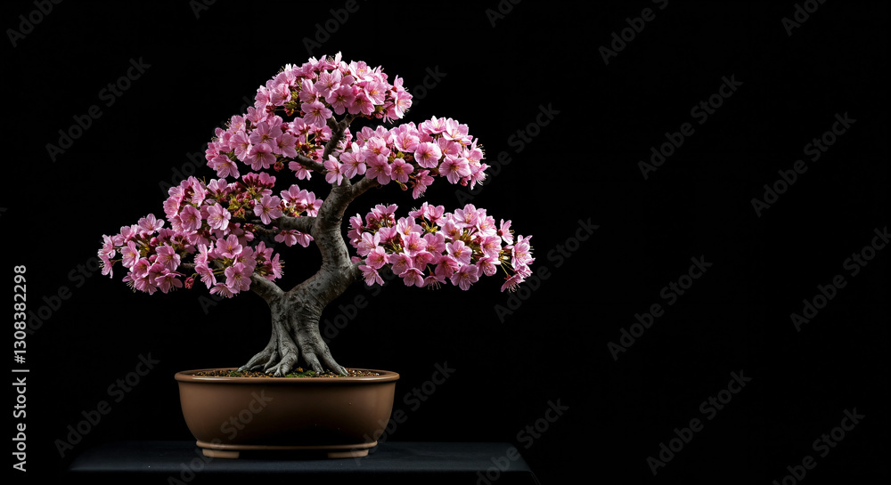 Fototapeta premium Cherry blossom bonsai tree in a pot on a black rustic table at an isolated background
