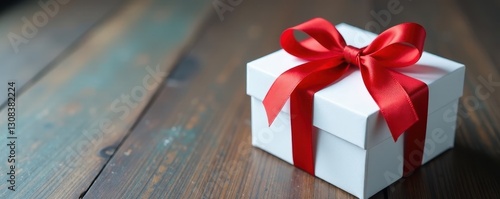 Elegant white gift box, adorned with a vibrant red ribbon bow , close-up, white background