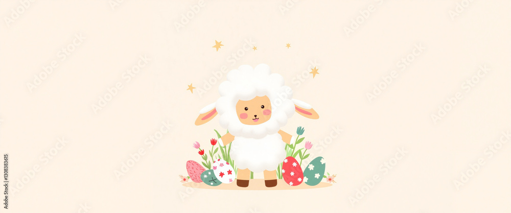 Cute lamb character celebrating Easter among colorful flowers, joy Cute lamb character celebrating Easter among colorful flowers, joy
