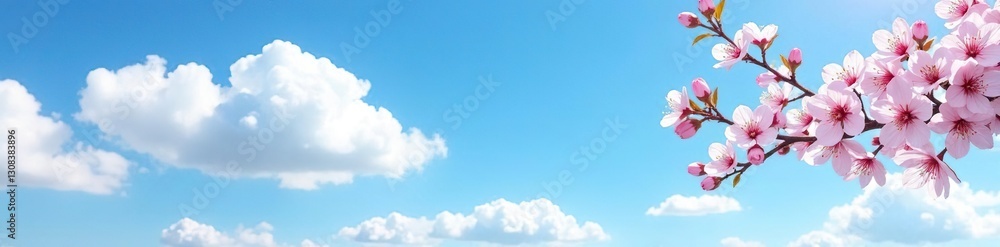Obraz premium Cherry blossom branch against a bright clear blue sky with fluffy white clouds, foliage, cherry blossoms, nature