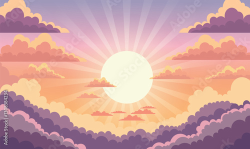 Big Sun Sunburst Sunlight with Clouds View in Beautiful Majestic Sky at Sunset Sunrise