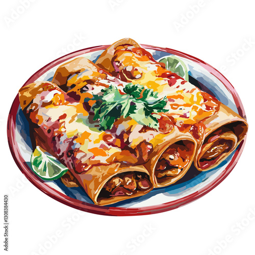 Watercolor Illustration of Cheesy Enchiladas with Salsa
