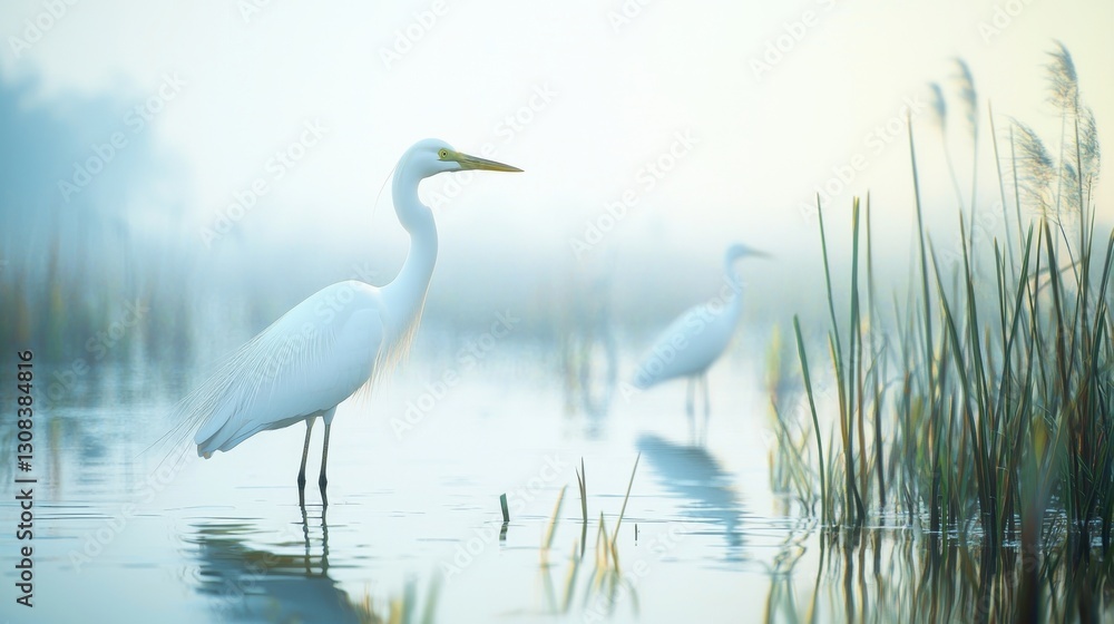 Obraz premium Two elegant white herons stand in a misty wetland, surrounded by tall grasses and still water, creating a serene and tranquil atmosphere.