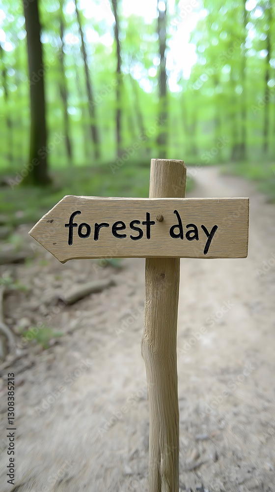 Wooden sign indicating forest day in green forest Wooden sign indicating forest day in green forest