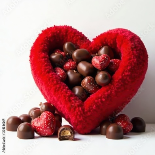 A plush red heart brimming with chocolates sits against a stark white backdrop, sweetness, valentines day