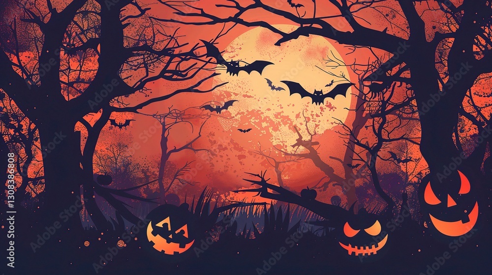 A creatively crafted background for a Halloween greeting card is presented. The background is brimming with a spooky and thrilling Halloween atmosphere, using dark colors like black, purple, and orang A creatively crafted background for a Halloween greeting card is presented. The background is brimming with a spooky and thrilling Halloween atmosphere, using dark colors like black, purple, and orang
