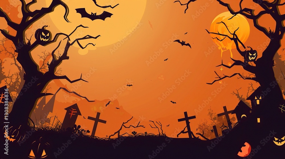 A creatively crafted background for a Halloween greeting card is presented. The background is brimming with a spooky and thrilling Halloween atmosphere, using dark colors like black, purple, and orang A creatively crafted background for a Halloween greeting card is presented. The background is brimming with a spooky and thrilling Halloween atmosphere, using dark colors like black, purple, and orang