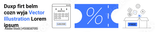 Discount ticket with percentage sign, calculator with monthly subscription, free gift box releasing cubes. Ideal for marketing, promotions, ecommerce, rewards, discounts, financial savings abstract