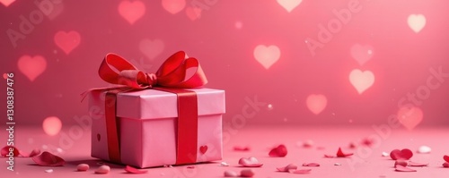 Red gift box, pink background, heart bokeh Romantic, festive , closeup, ribbon