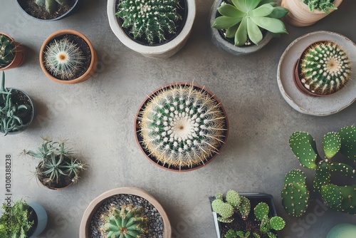 A flat-lay composition of a Mammillaria Geminispina cactus and other indoor plants, creating a natural, tranquil space. photo