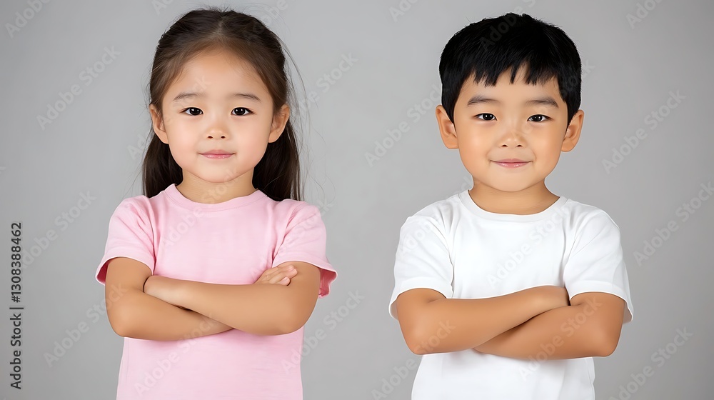 Two cheerful boys standing together in vibrant t-shirts against a background Two cheerful boys standing together in vibrant t-shirts against a background