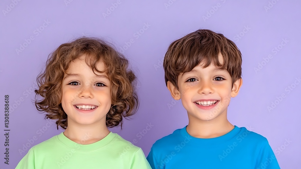 Two cheerful boys standing together in vibrant t-shirts against a background Two cheerful boys standing together in vibrant t-shirts against a background