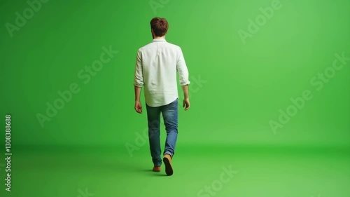 Man walking away chroma key green screen copy space studio.