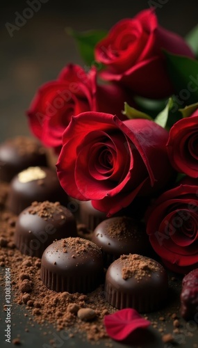 Deep red roses nestled beside rich chocolates , box, celebration, love