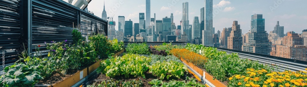 A lush rooftop garden filled with vibrant plants, set against a backdrop of a modern city skyline on a sunny day. A lush rooftop garden filled with vibrant plants, set against a backdrop of a modern city skyline on a sunny day.
