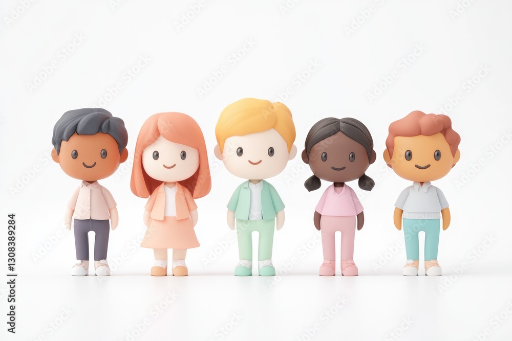 Five diverse cartoon children stand in a row, showcasing inclusivity and friendship. Five diverse cartoon children stand in a row, showcasing inclusivity and friendship.