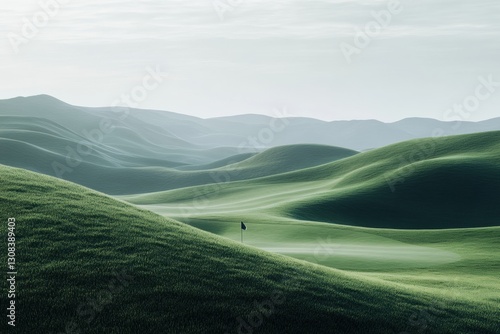 Serene golf course landscape with rolling hills and a flag marking the hole at golden ratio point positioned for branding Generative AI photo