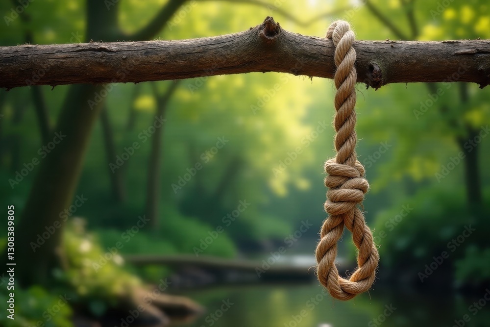 Obraz premium Rough-hewn rope noose hangs from weathered oak branch , branch, sinister, execution