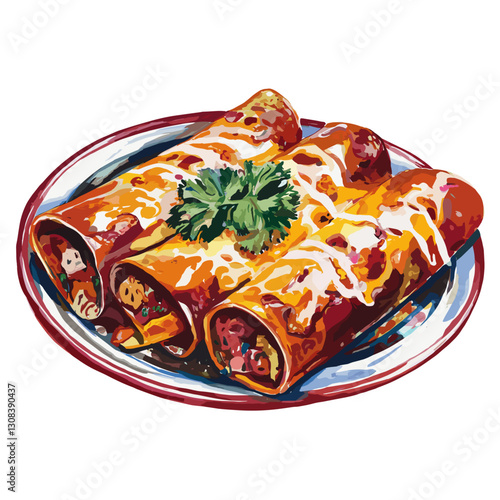 Watercolor Illustration of Cheesy Enchiladas with Salsa