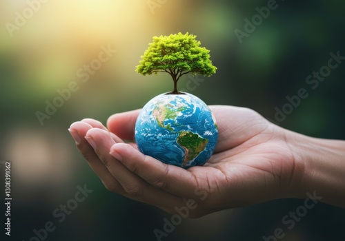 Hands Holding a Tiny Earth with a Tree