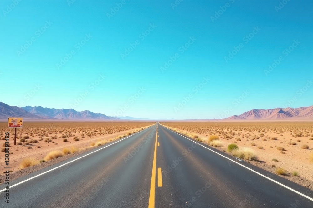 Naklejka premium Endless straight road, stark desert scenery, clear blue sky, roadside signage visible , straight, scenic