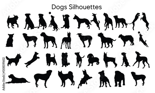 Dogs set silhouette on white background isolated