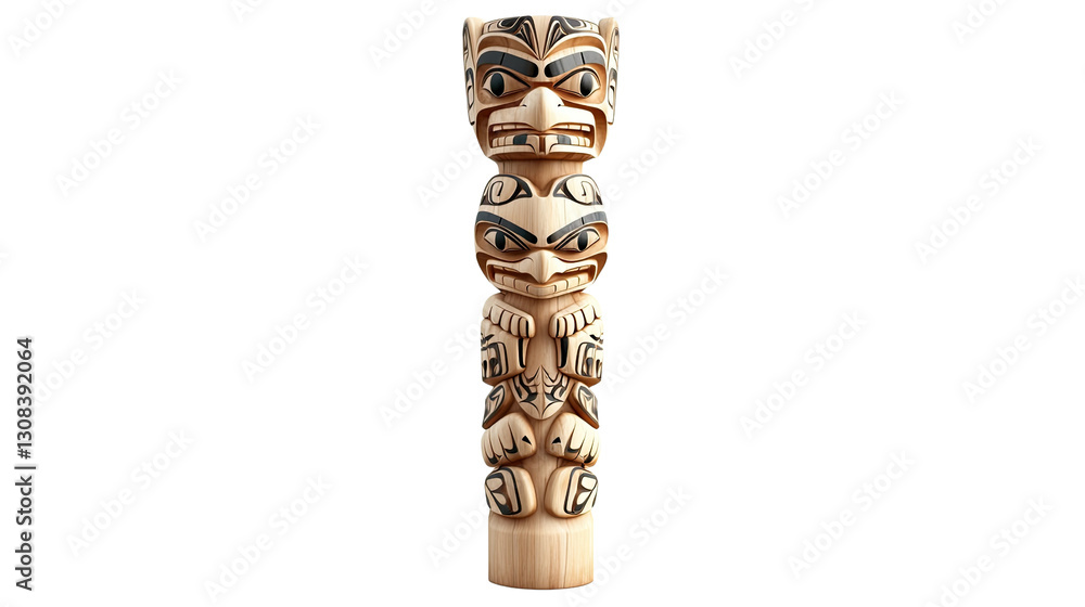 A tall wooden pole with carved faces on it