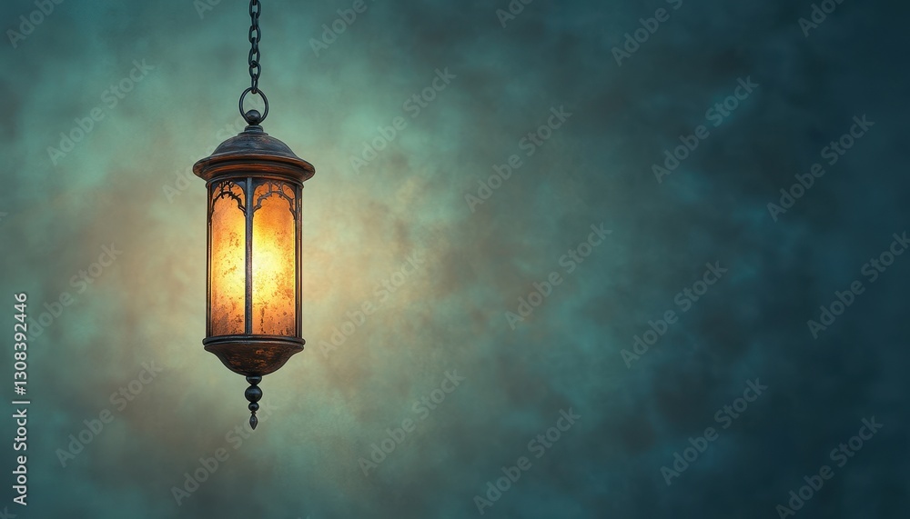 Ornate Metal Lantern with Warm Glowing Light Against Dark Teal Background Ornate Metal Lantern with Warm Glowing Light Against Dark Teal Background