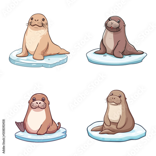 set of Adorable Baby Seals on Ice Floes