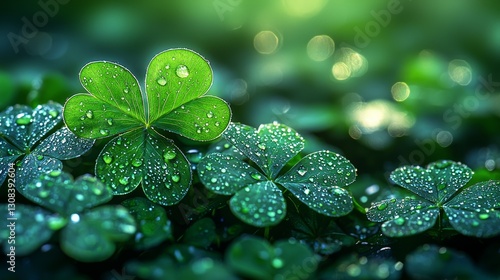 Dew-kissed clover leaves in vibrant green