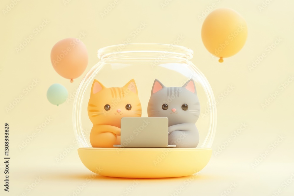 Fototapeta premium Two adorable cartoon cats inside a glass dome using a laptop, surrounded by pastel balloons.