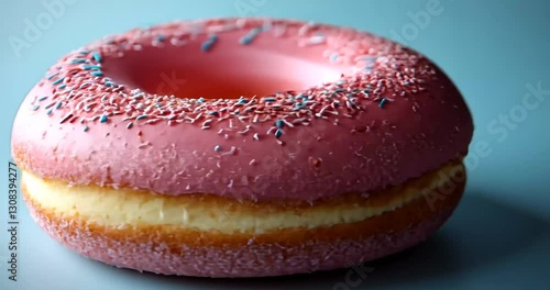 Wallpaper Mural Pink glazed donut with sprinkles on a pastel blue surface.  Close-up food photography. Potential use food catalog, advertisement Torontodigital.ca