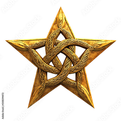 Golden five-pointed star with intricate Celtic knotwork design.