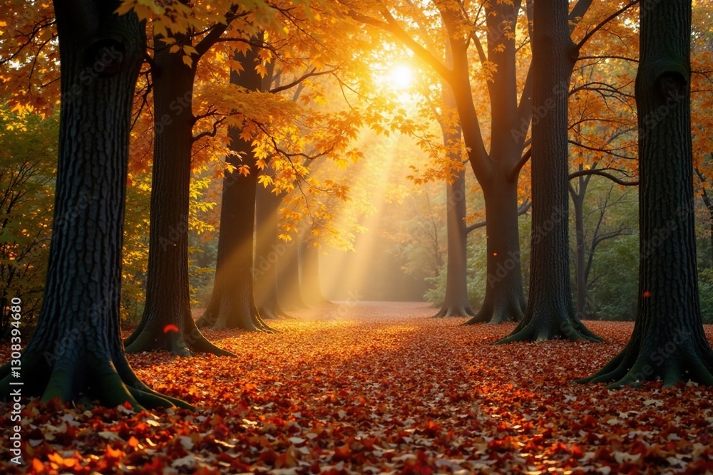 Fototapeta premium Amber light filters through forest canopy amidst fallen leaves, fall, autumn, light