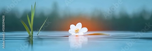 Serene Water Lily Sunset - Tranquil water scene, single white flower floating, peaceful sunset, green reeds, serene reflection. Symbolizing peace, nature, purity, tranquility, hope photo