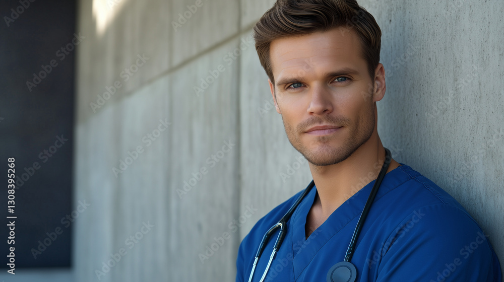Fototapeta premium Male medical professional in scrubs, compassionate expression, 3/4 view against modern clinic wall, gentle window light with soft fill, f/2.8, heal