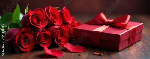 Luxurious red roses beside elegant chocolate box, valentines, ribbon